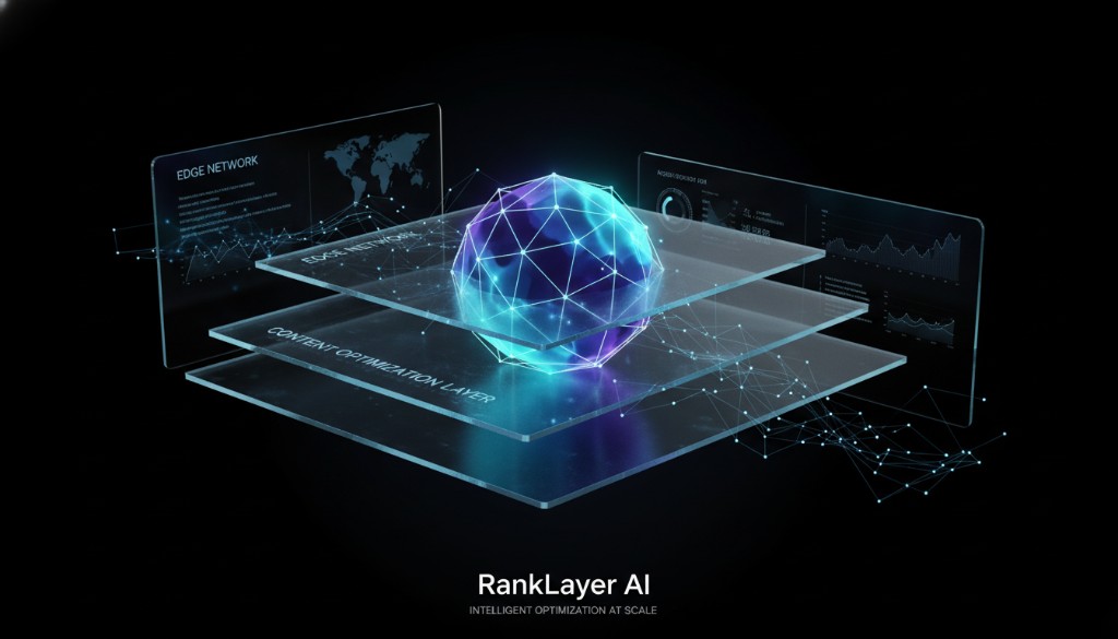 RankLayer AI — intelligent optimization at scale: edge network and content optimization layers around a glowing data core.